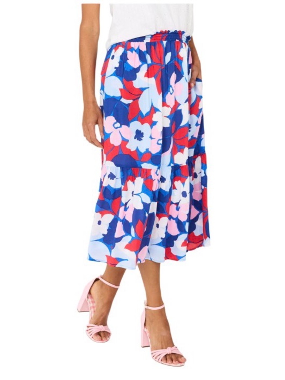 DRAPER JAMES RSVP Floral Skirt Red White Blue Elastic Waist Womens Size Medium